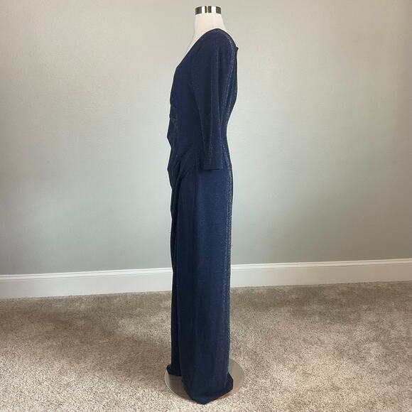 Adrianna Papell Long Sleeved Evening Gown Blue Metallic Size 8 Thigh Slit Formal - Picture 5 of 13